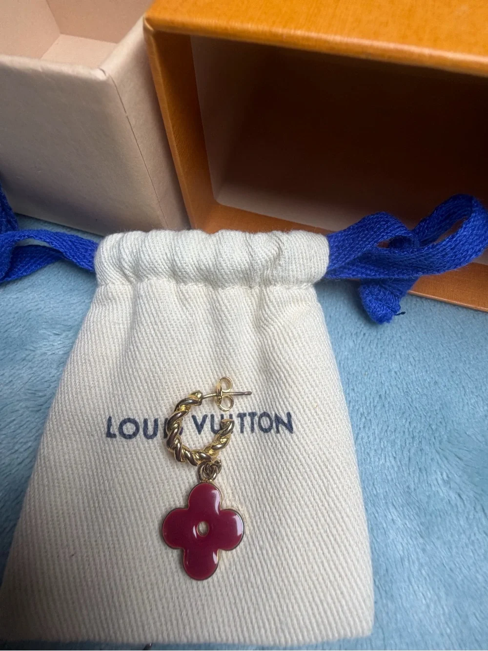 Louis Vuitton Gold Chain Hoop Earrings with Pink Flower & Yellow Fleur Charm
